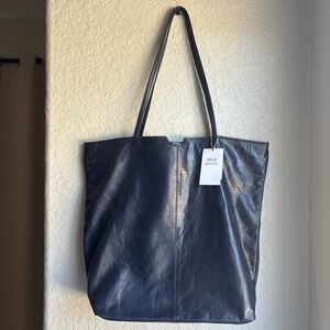 Latico Large Leather Tote Bag Navy Floral Lining Pinked Edge Trim New